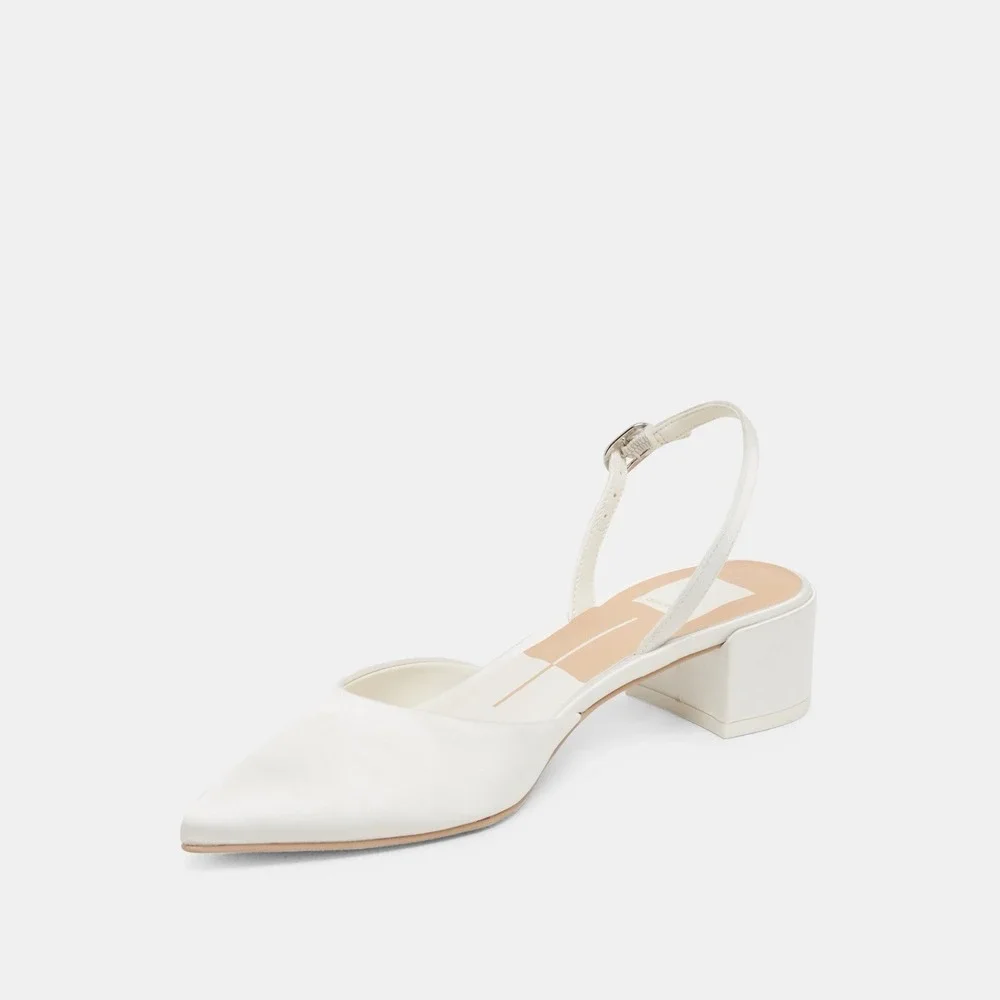 Dolce Vita Carel Pointed Toe Low Block Heel Pumps True White Satin Sz 7